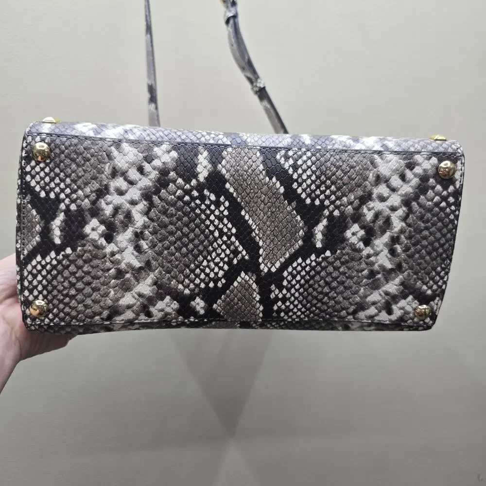 Michael Kors Studded Snake-Print Satchel Tote Bag Shoulder Crossbody Grey White